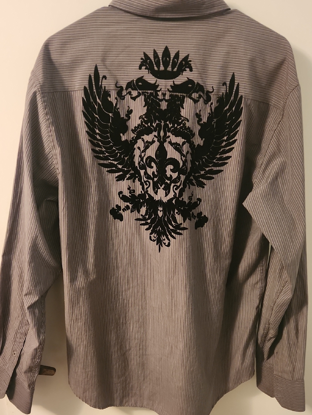Men's Gray Striped Button-Down Shirt with Black Crest Graphic